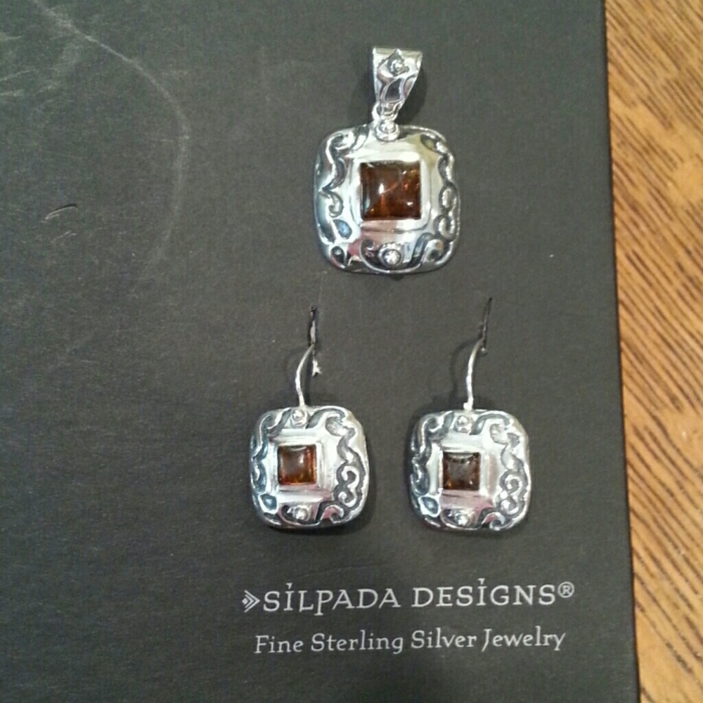 Silpada Silver Earrings with Brown Gemstone
